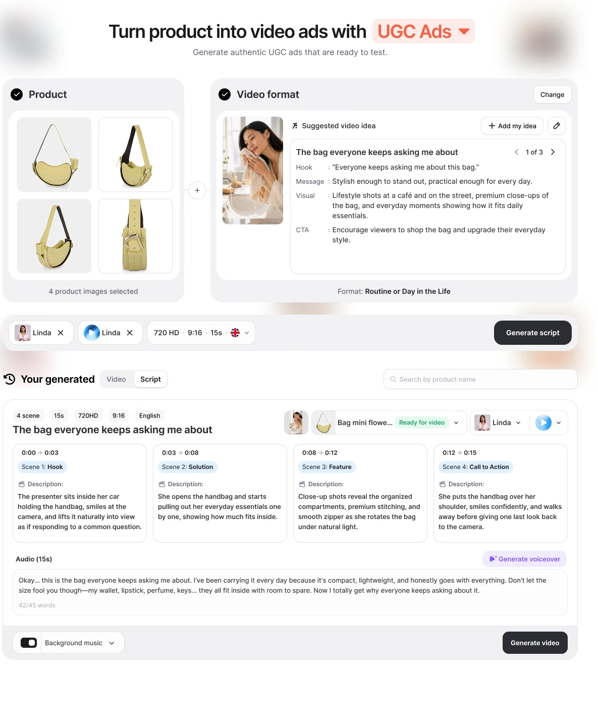 Format first: pick a product and a UGC format, and Promer AI suggests the hook, message, visual and CTA before you write anything.