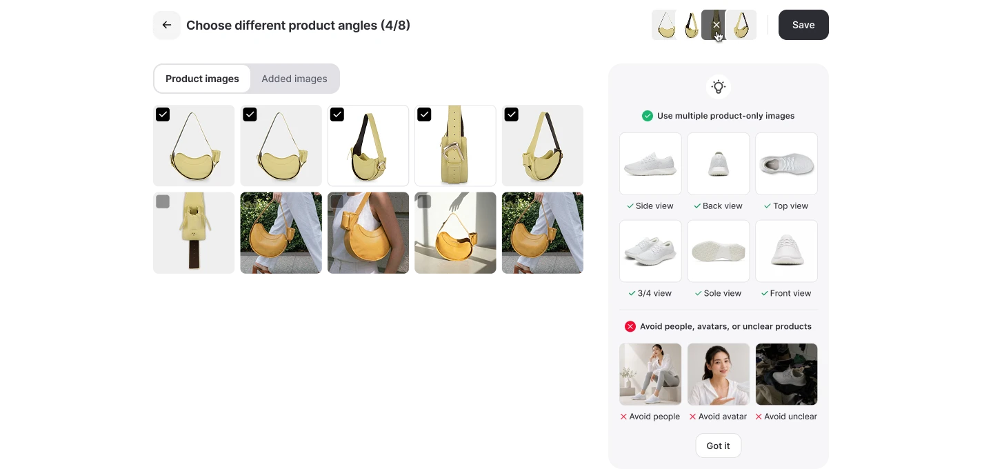 Step 1: the product and its angle images - no script required yet.