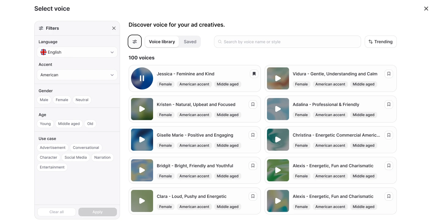 Step 4: avatar and voice are each their own filtered library - no written consent step to chase down first.