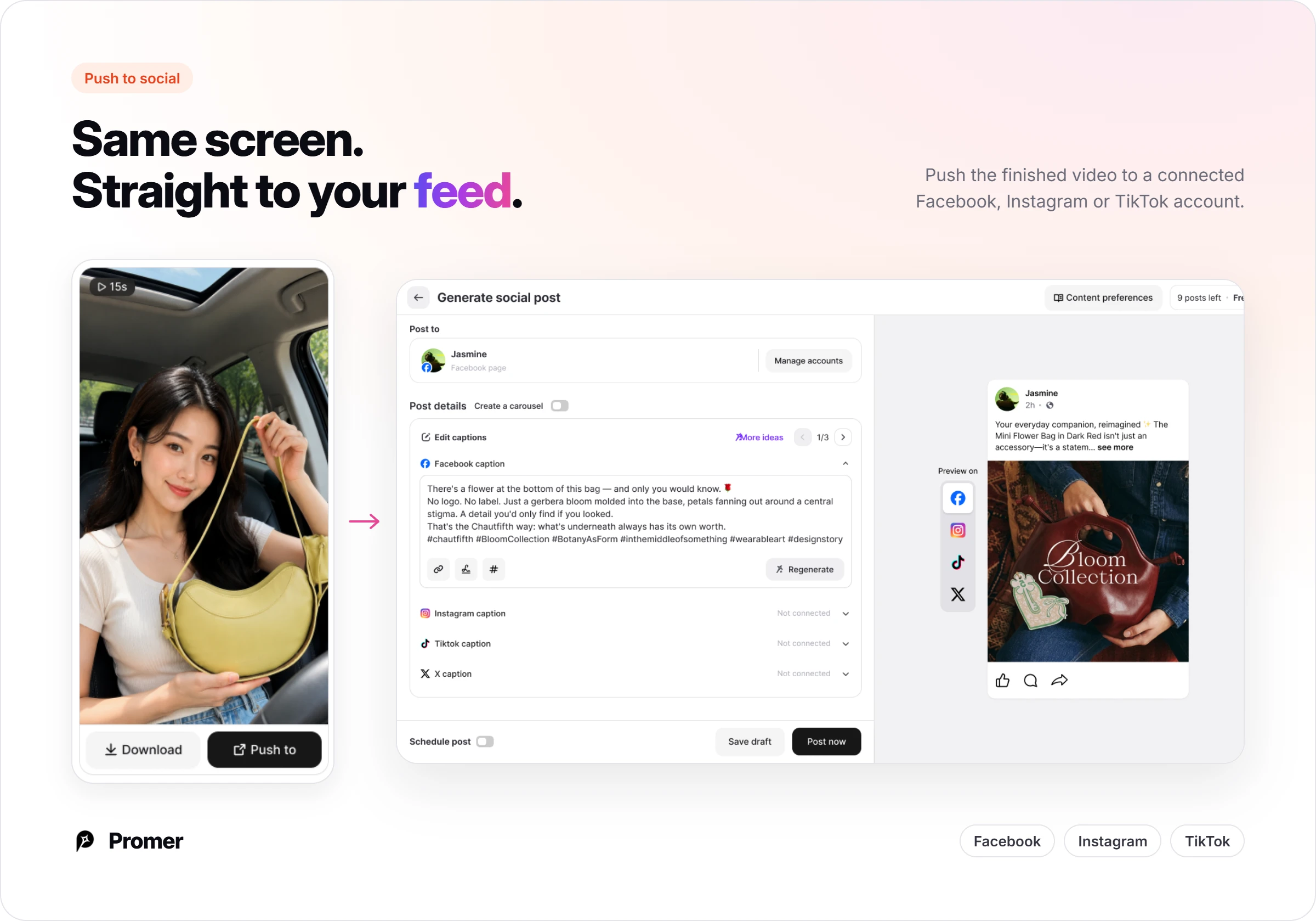 Promer AI pushing a finished video straight to a connected Facebook, Instagram or TikTok account from the same screen