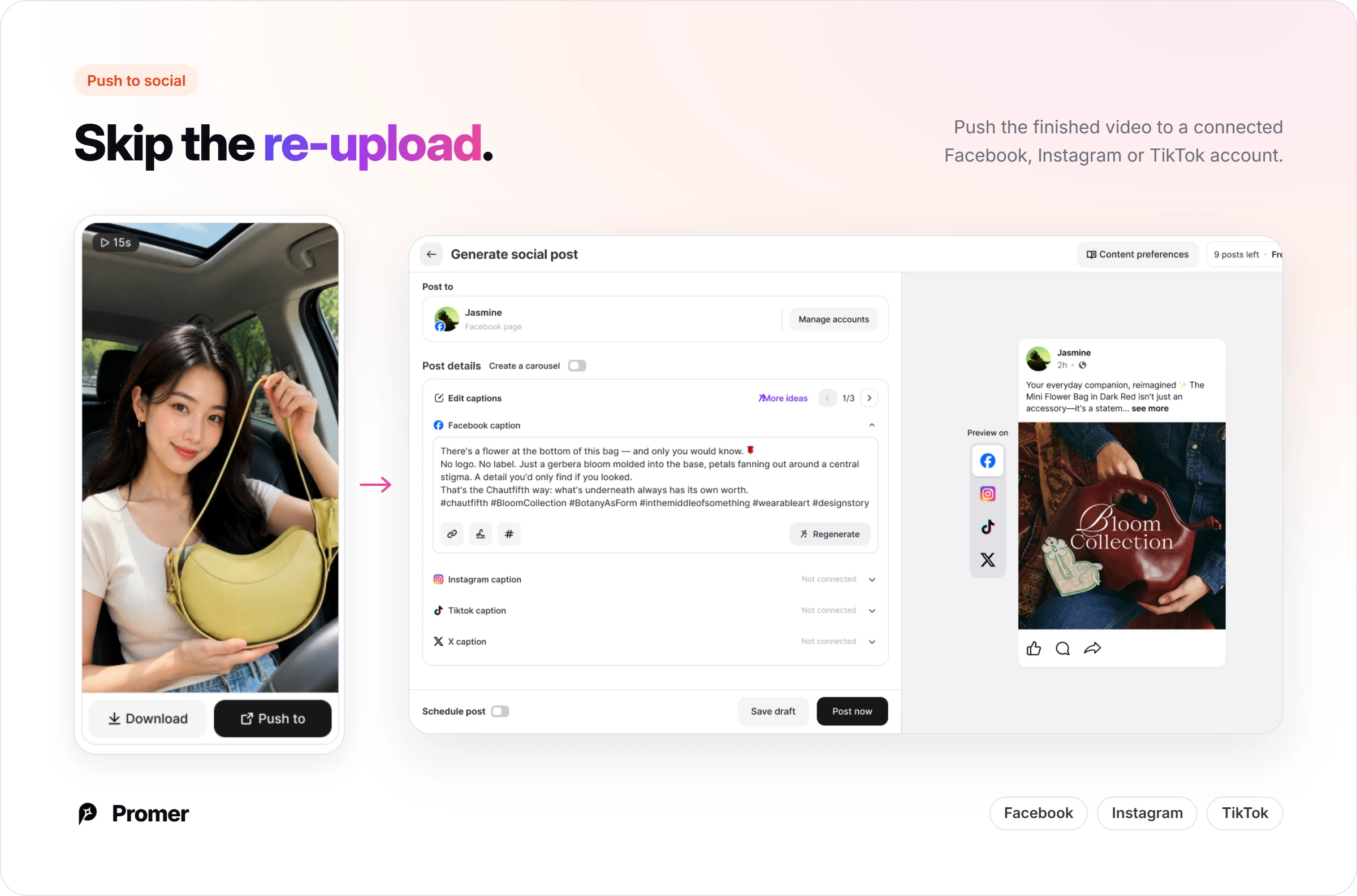 Promer AI pushing a finished video straight to a connected Facebook, Instagram or TikTok account, skipping the download and re-upload step