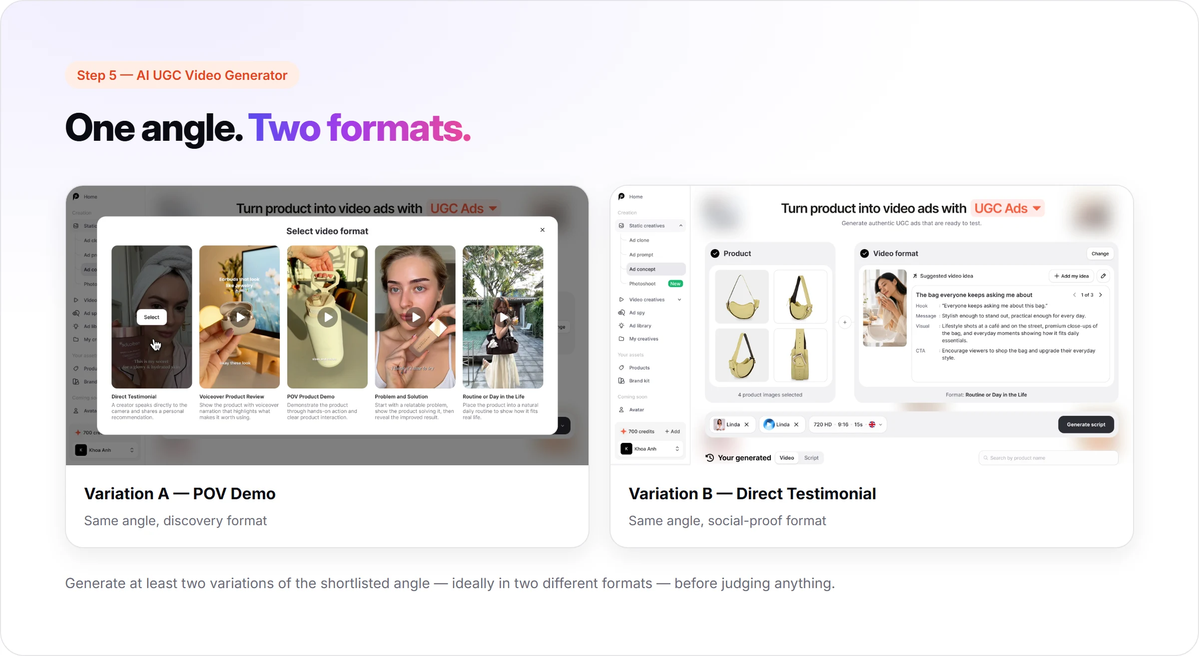 Promer AI's UGC video generator producing two variations of the same angle, a POV demo and a direct testimonial, from the same product and format picker