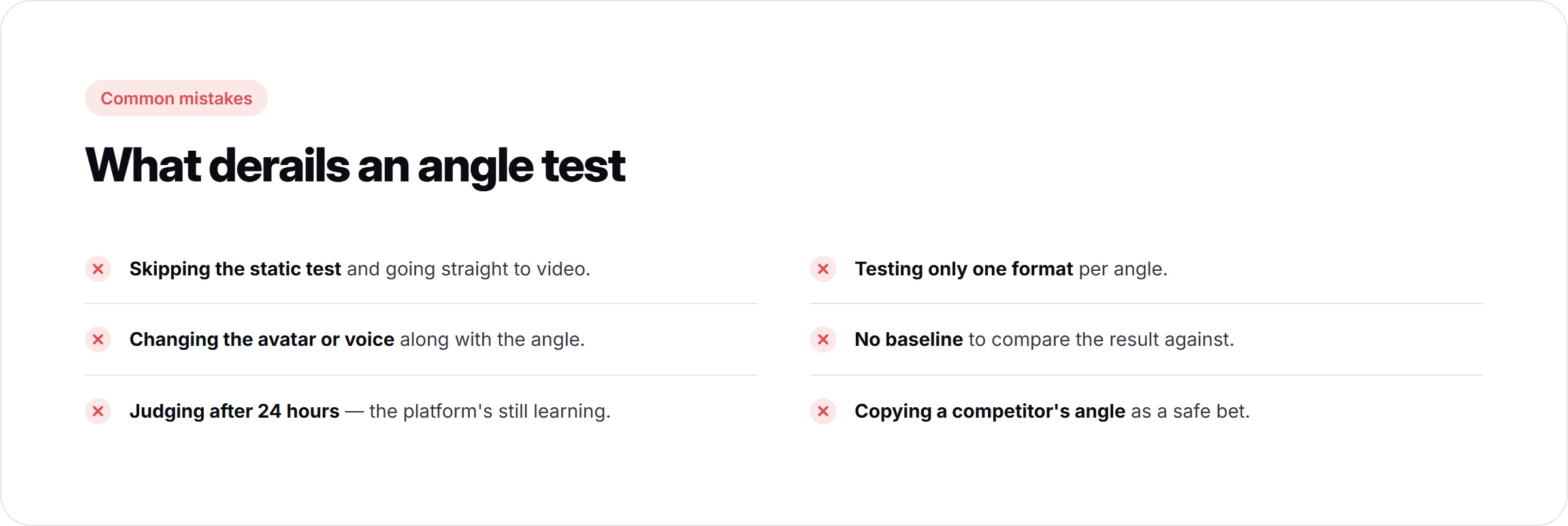 Six common mistakes when testing UGC ad angles: skipping the static test, changing the avatar or voice, judging after 24 hours, one format per angle, no baseline, and copying a competitor's angle