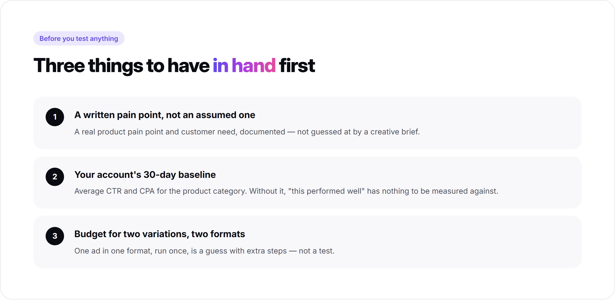 Three things to have before testing UGC ad angles: a written pain point, the account's 30-day baseline CTR and CPA, and budget for two variations in two formats