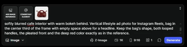 LTX Studio Gen Space image prompt with handbag reference photo, Z-Image model, 1K, 9:16