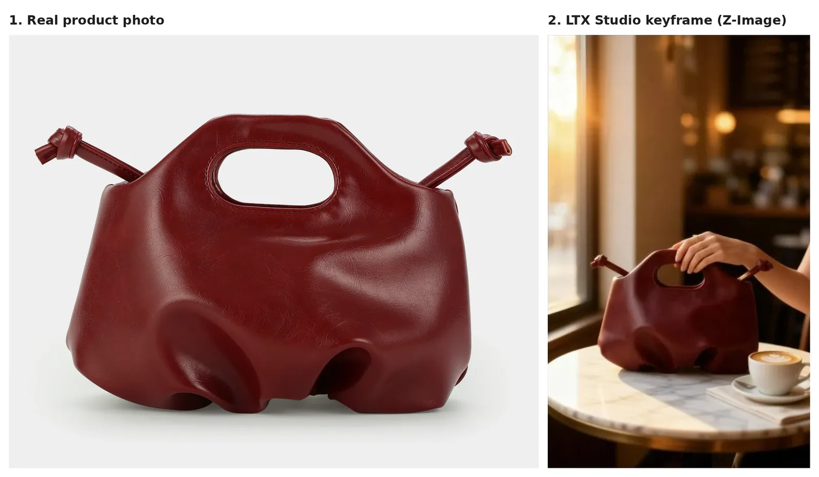 Real red handbag product photo next to the LTX Studio cafe keyframe with a smaller handle