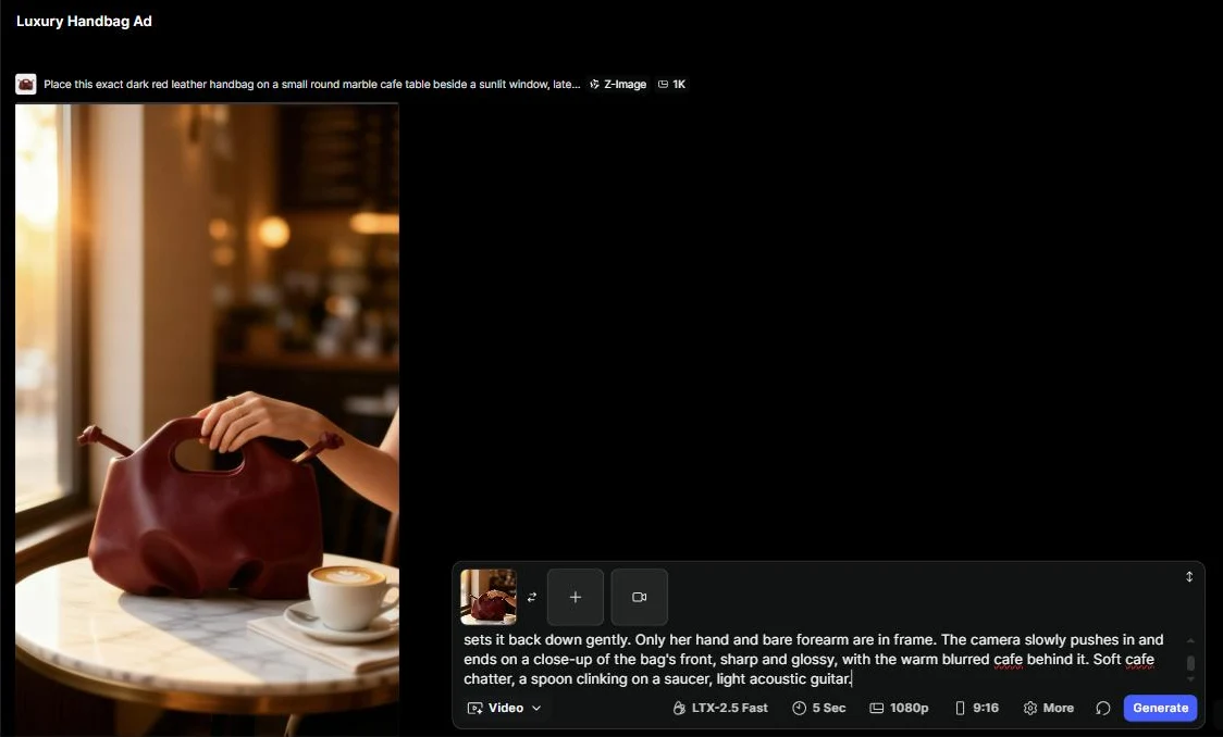 LTX Studio image to video prompt using the cafe keyframe, LTX-2.5 Fast, 5 sec, 1080p, 9:16