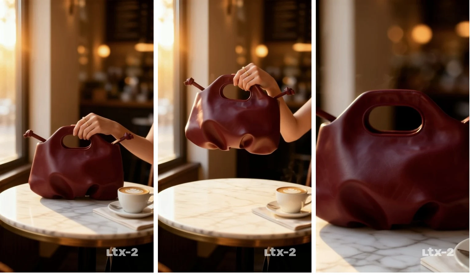 Three frames of a handbag lifted off a cafe table, ending on a close-up push-in
