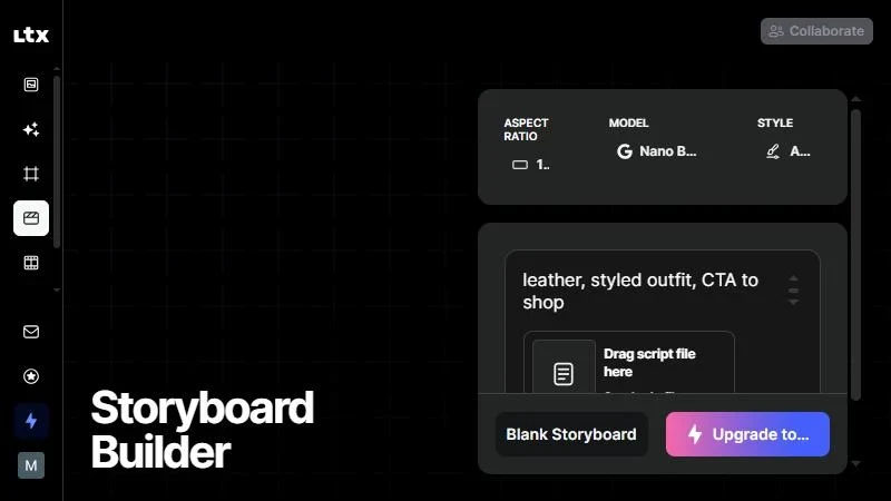 LTX Studio script to video Storyboard Builder showing Upgrade to continue on the free plan