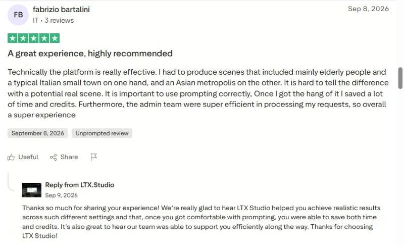Five-star Trustpilot review praising realistic scenes and credit savings after learning prompting