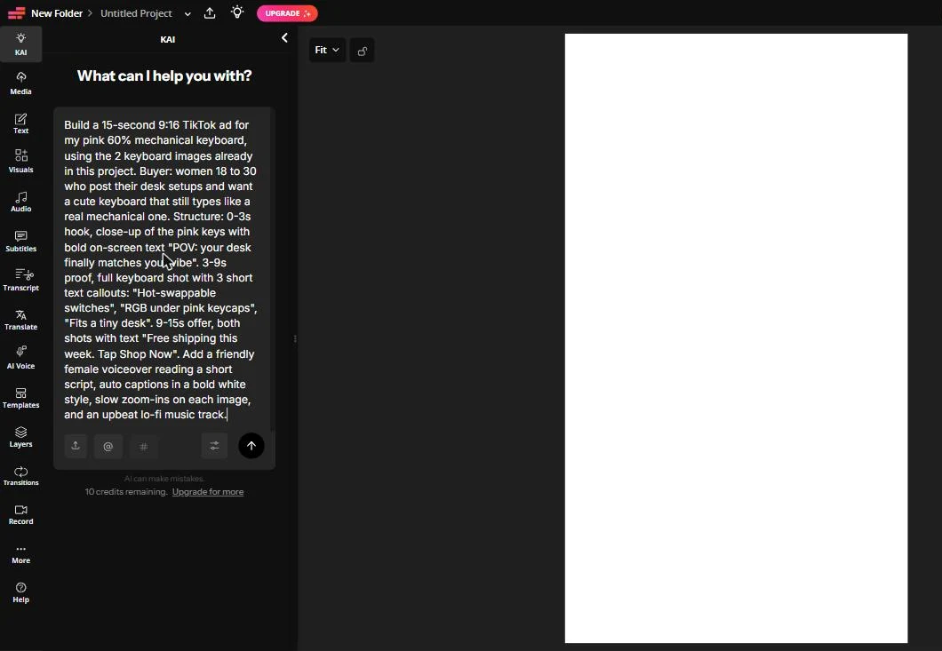 Kapwing AI video editor with a 15-second TikTok keyboard ad brief typed into KAI