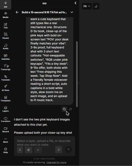 KAI reply saying it can't see the two keyboard images attached to the chat