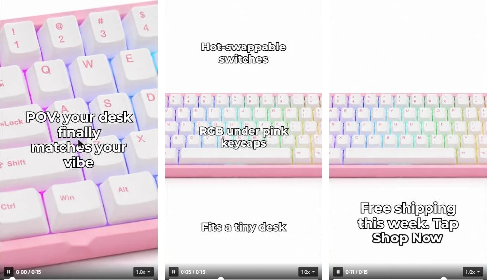 Three frames of a pink keyboard ad with captions overlapping the Shop Now text at 11s