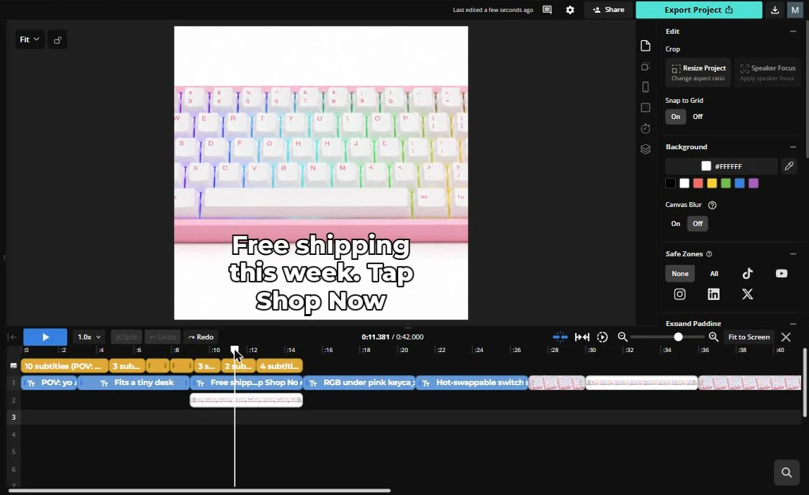 Kapwing video editor timeline at 42 seconds with text layers and photos end to end