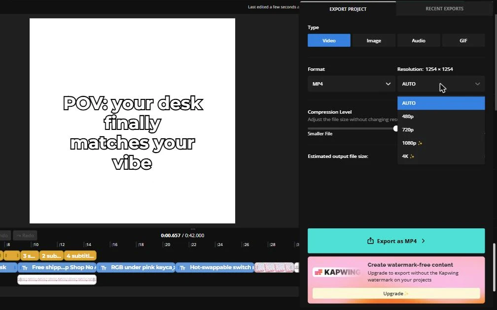 Kapwing export menu with 480p and 720p free, 1080p and 4K marked as paid