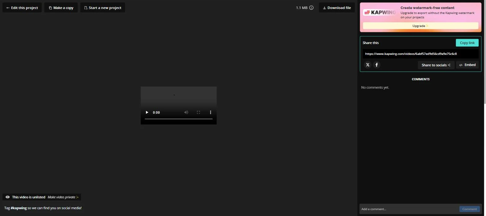 Kapwing share page for a 1.1 MB exported MP4 marked unlisted, private on paid plans