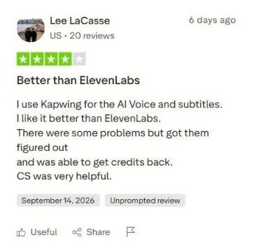 Four-star Trustpilot review praising Kapwing's AI voice and subtitles over ElevenLabs