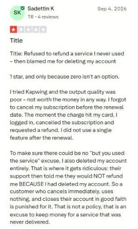 One-star Trustpilot review about a refused refund after a missed renewal date