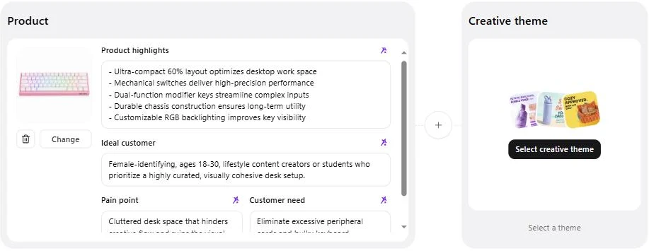 Promer AI product analysis for a pink keyboard with highlights and ideal customer