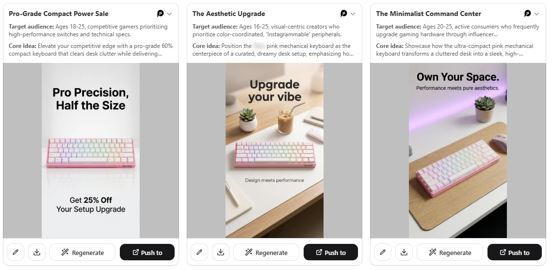 Three Promer AI ad concepts for a pink keyboard: sale, aesthetic upgrade, minimalist desk