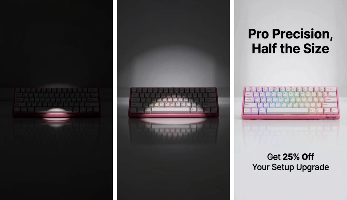 Three frames of a Promer AI keyboard video: spotlight reveal, then Pro Precision headline