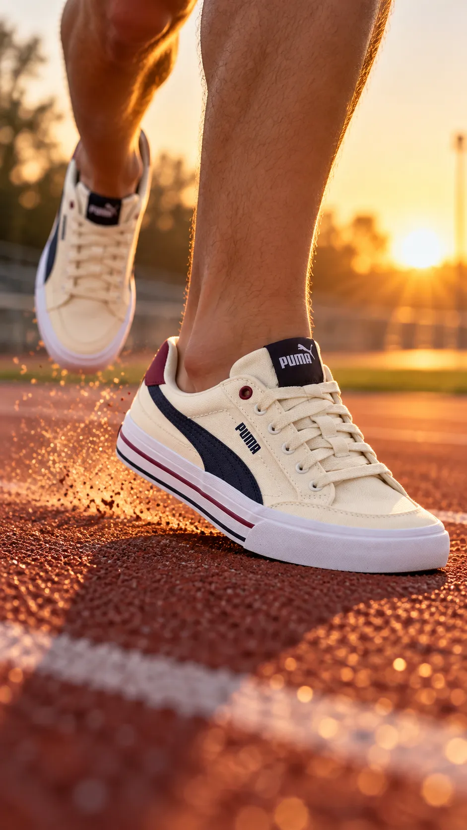 A runner's feet mid-stride on a red running track at golden hour with dust kicked up from the heel strike