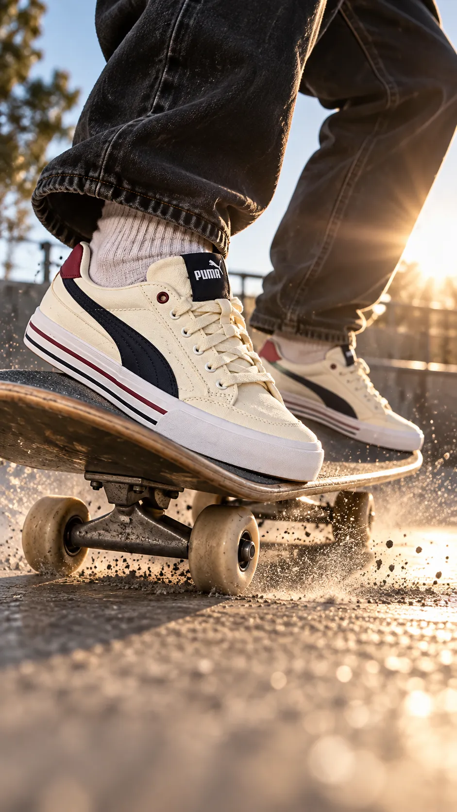 A skateboarder's sneakers landing a trick with dust particles catching the backlight
