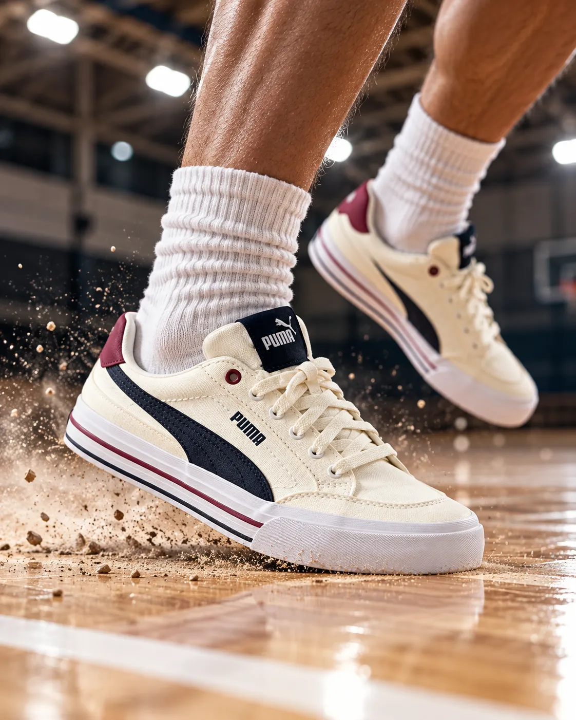 A basketball player's sneakers landing a jump on an indoor court with dust scattering from the sole