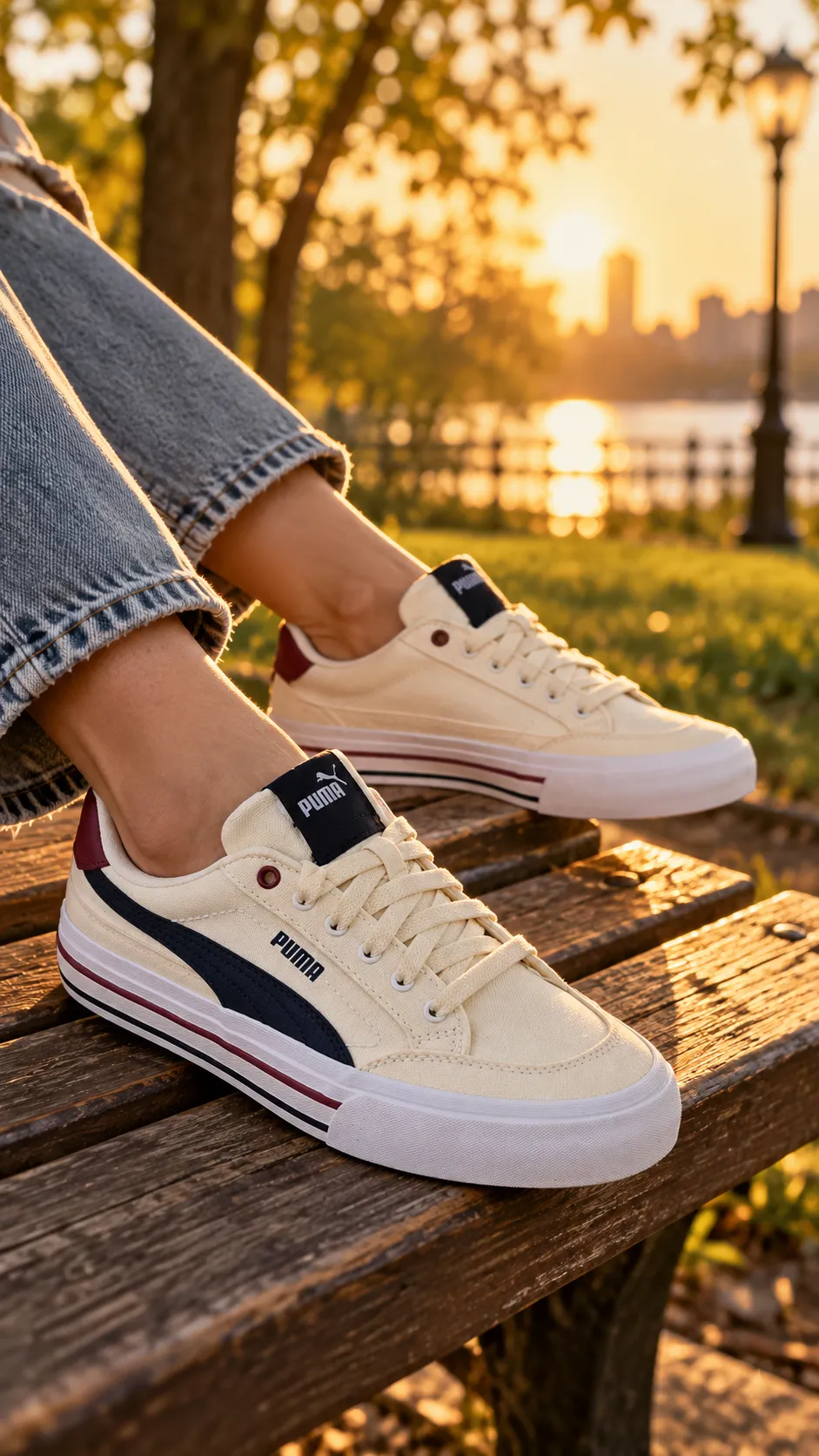 Legs and feet wearing cream Puma sneakers resting on a wooden park bench at golden hour