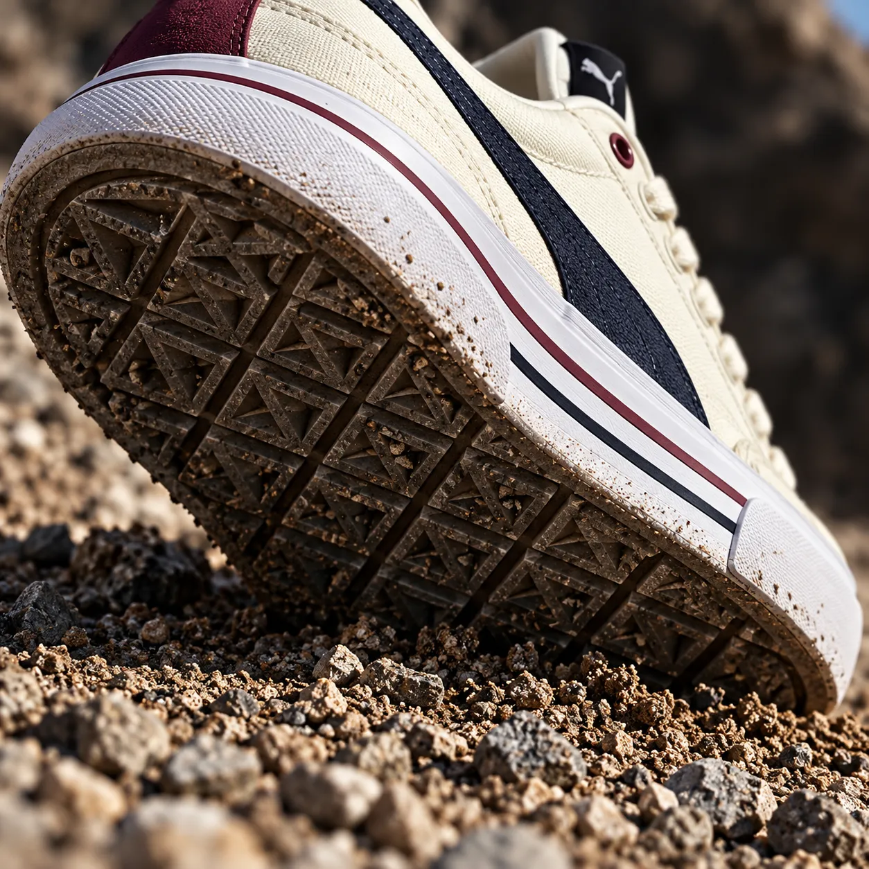 Low-angle close-up of a sneaker's outsole tread pressed into loose dirt and gravel