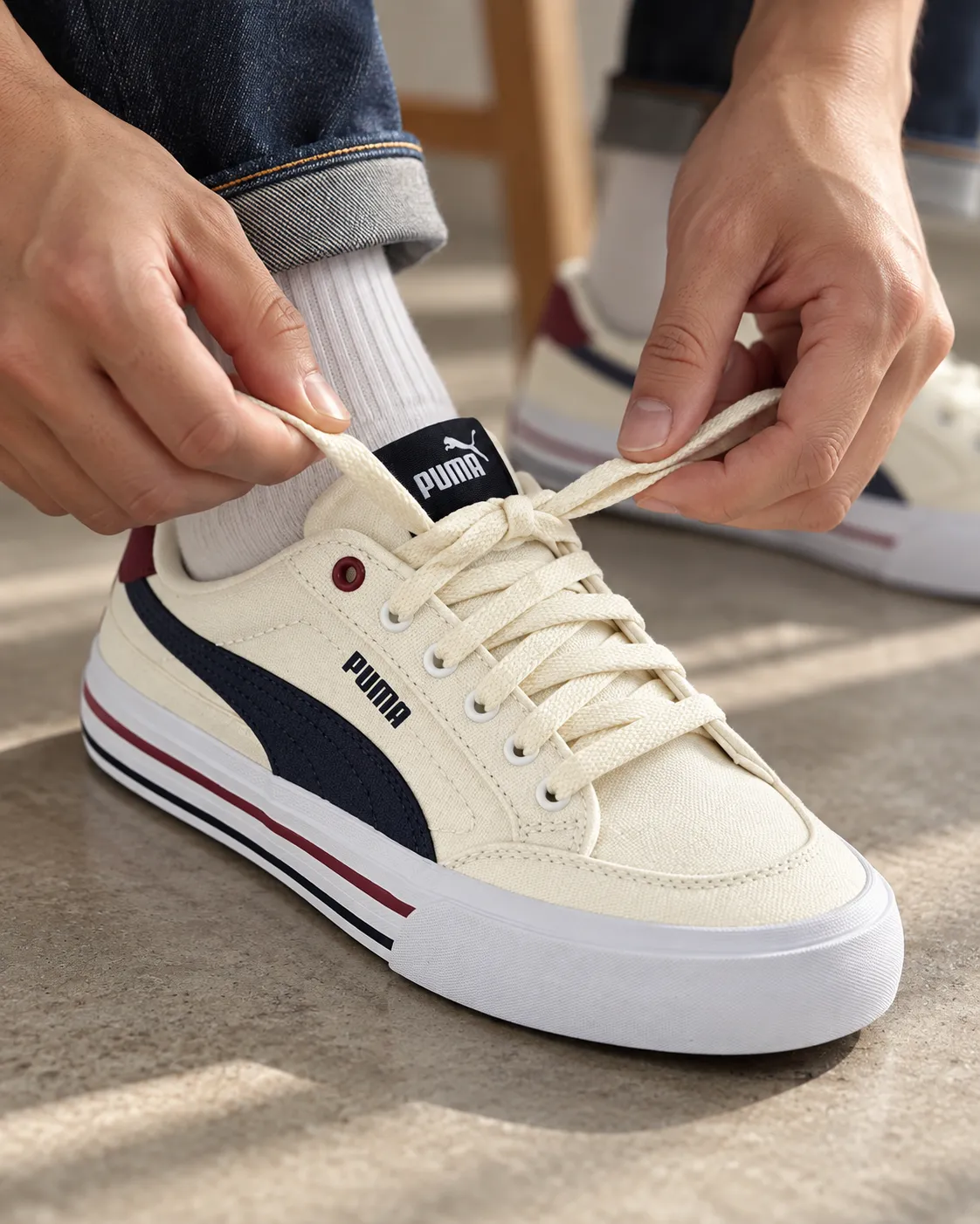 Close-up of hands lacing up a cream Puma sneaker with soft natural window light