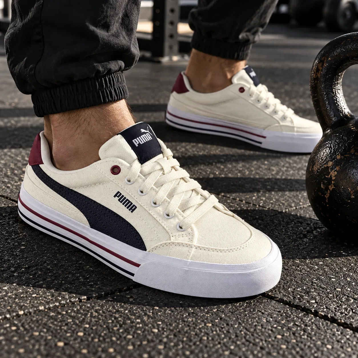 Feet wearing cream Puma sneakers planted on a black rubber gym floor beside a kettlebell