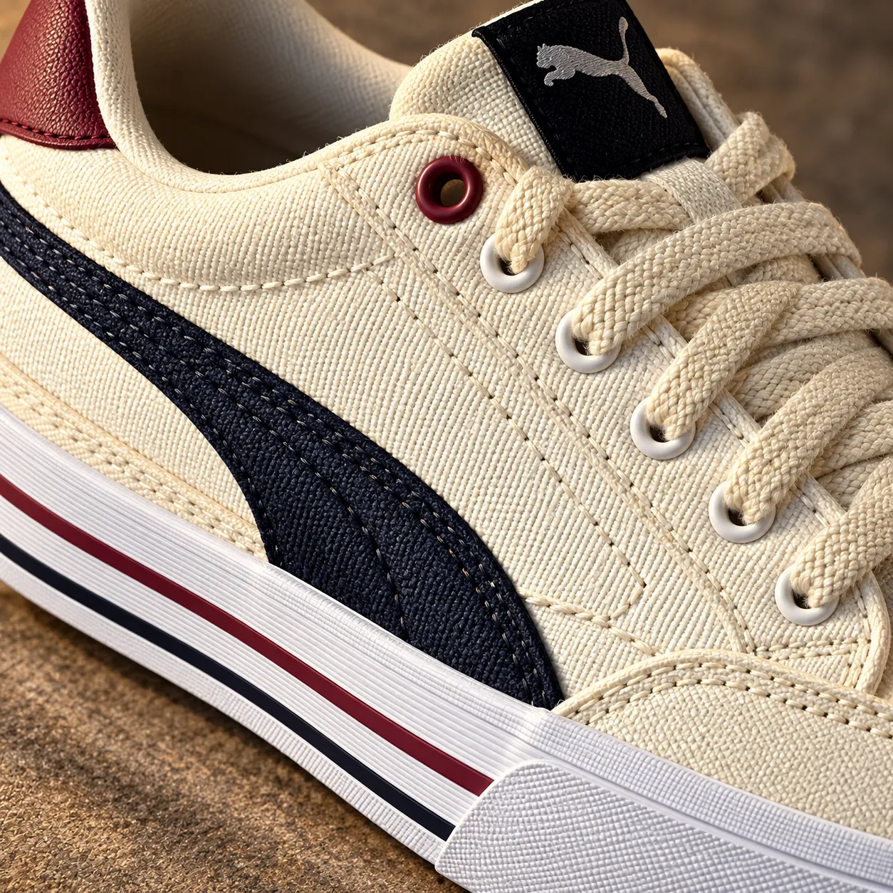 Extreme close-up of the stitching, eyelets, and canvas texture on a cream Puma sneaker