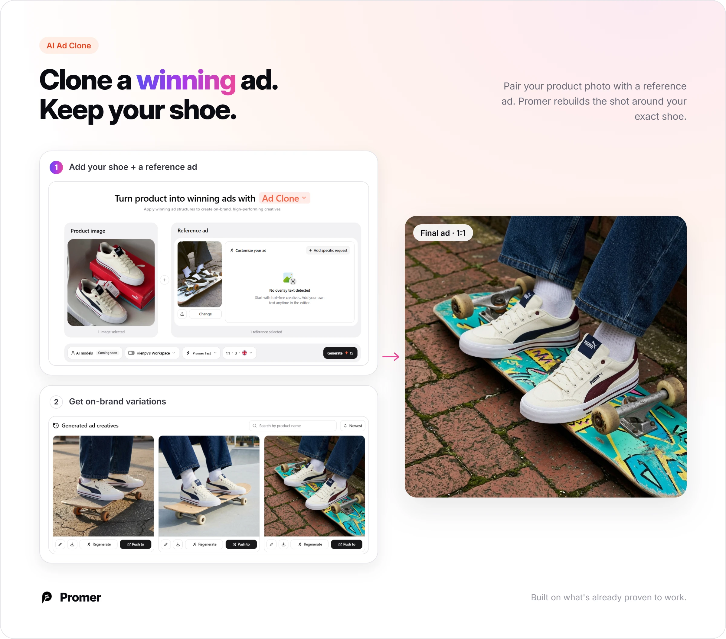 AI Ad Clone flow: a shoe photo and a reference ad produce 3 on-brand variations, and one is picked as a final 1:1 ad