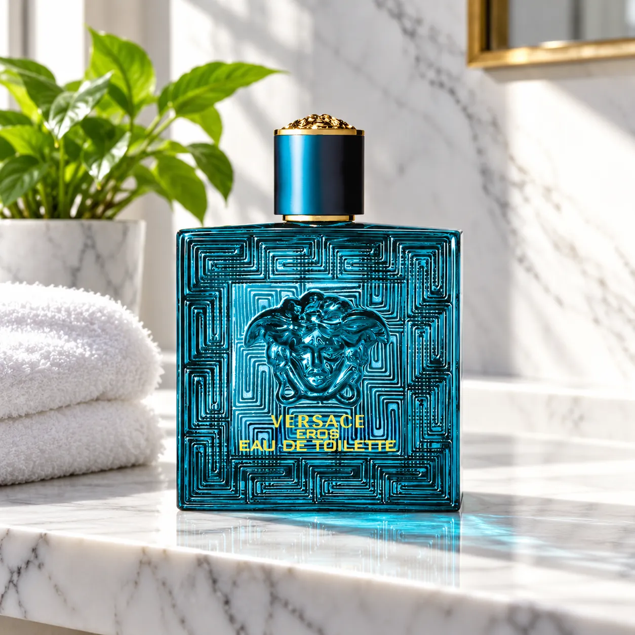 A perfume bottle on a white marble bathroom shelf beside a folded towel and a small plant