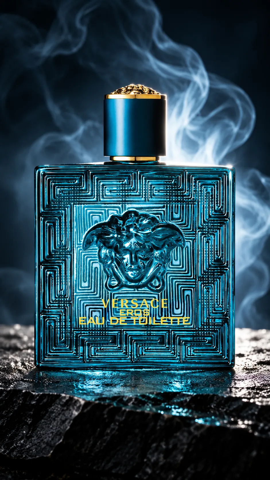A perfume bottle on black stone with a thin trail of smoke curling behind it, backlit