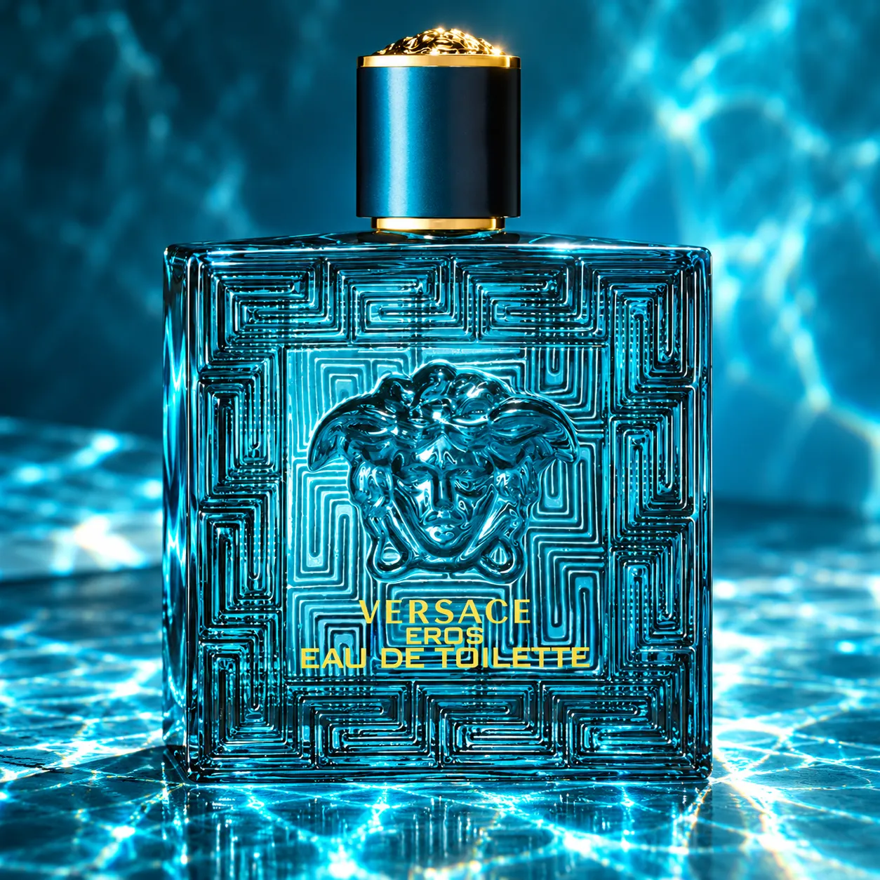 A perfume bottle on a reflective wet surface with blue light refracting through the glass and liquid