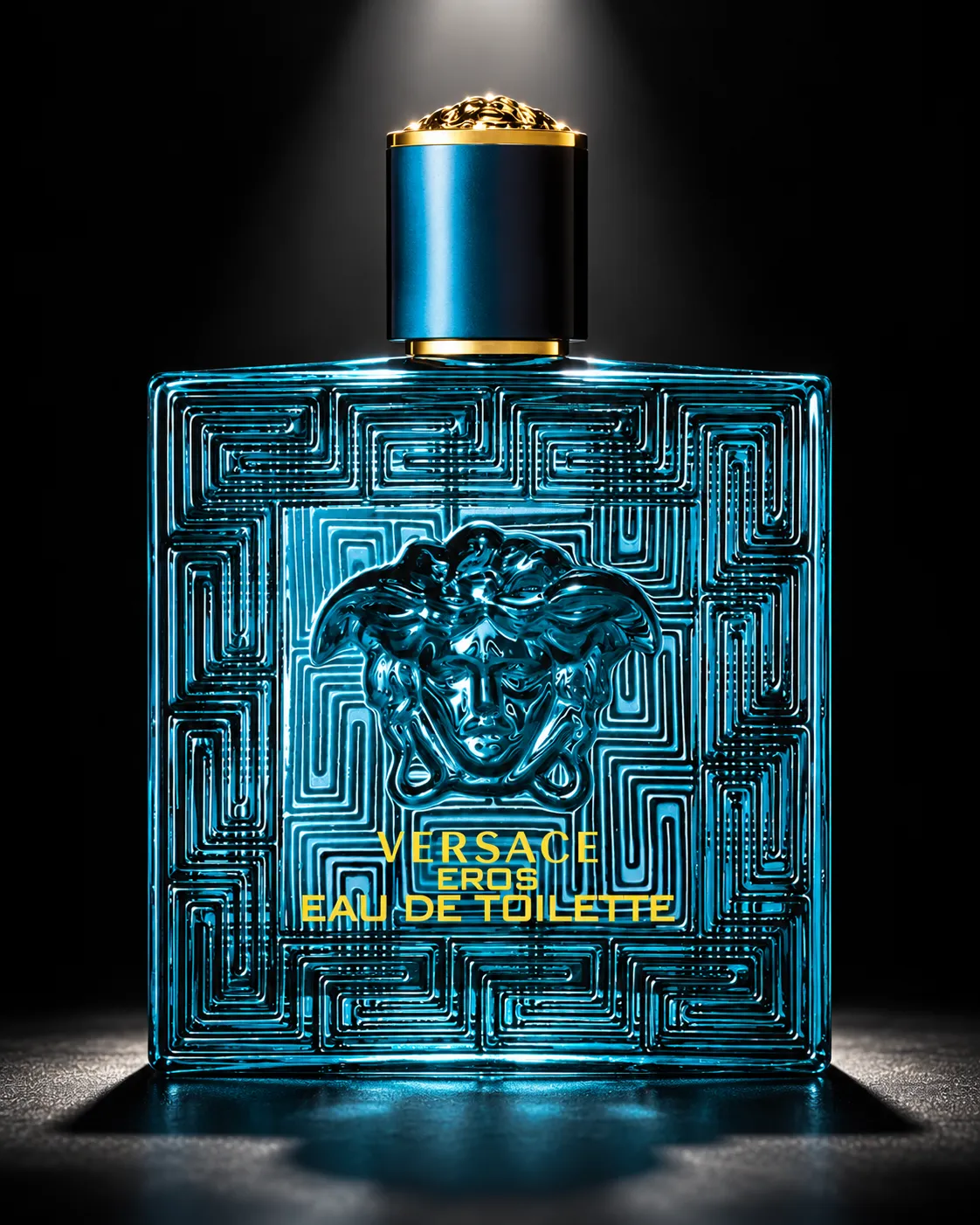 A perfume bottle against a matte black background under a single dramatic spotlight