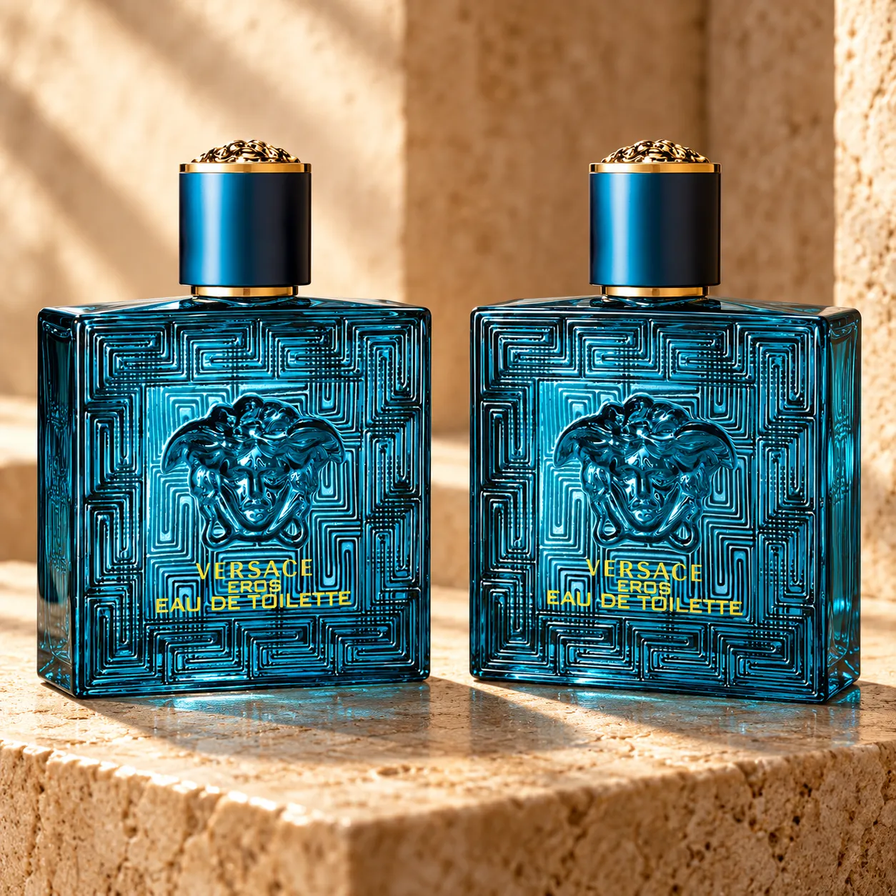 A symmetrical pair of perfume bottles angled toward each other on a warm stone surface