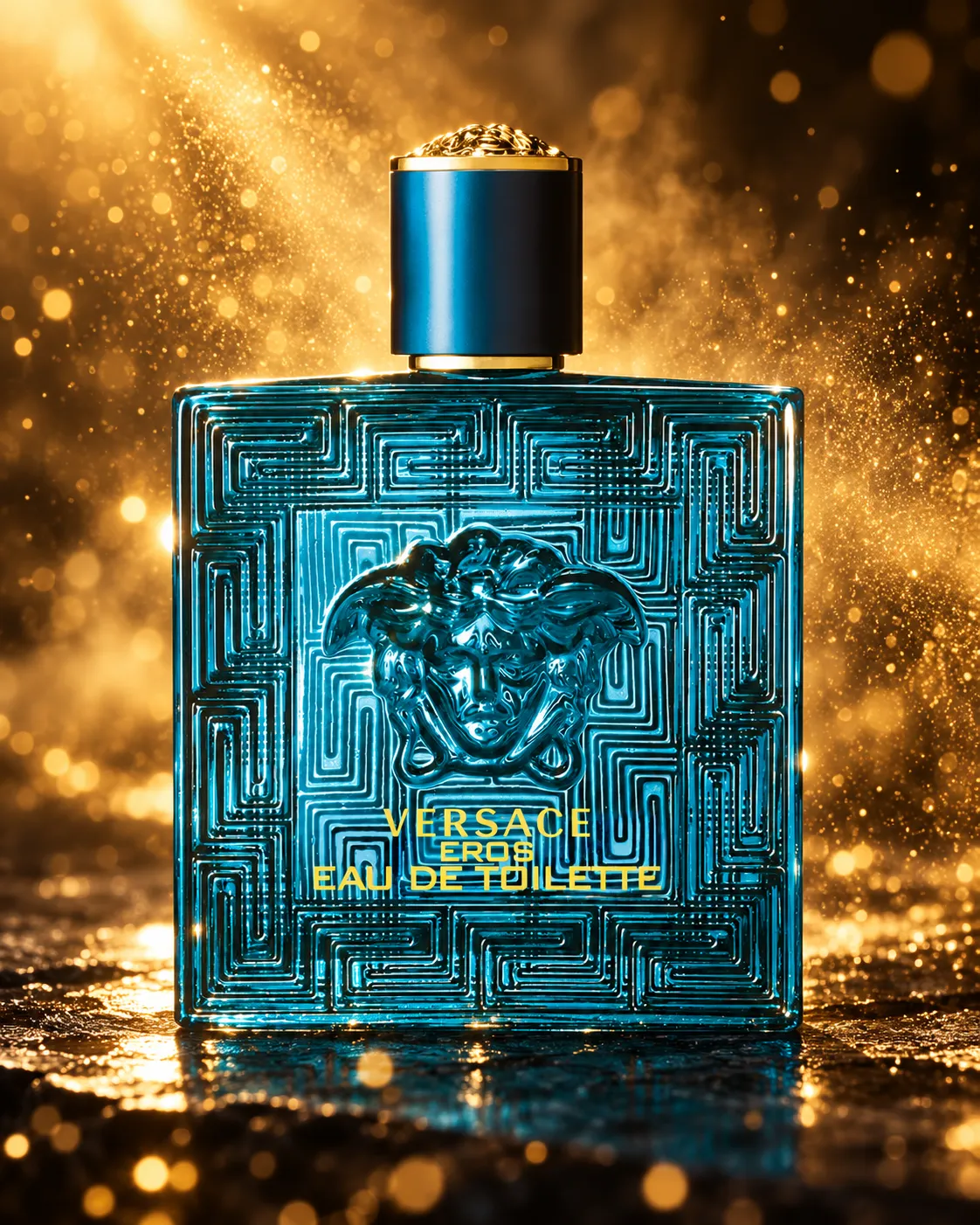 A perfume bottle surrounded by fine floating golden particles catching warm backlight