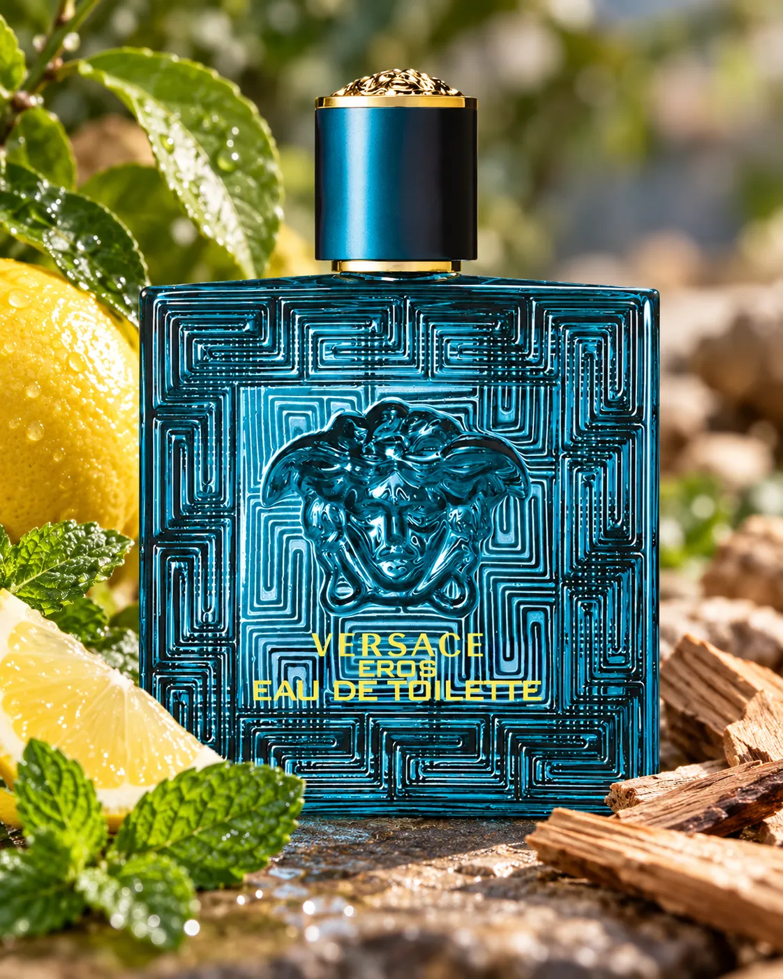 A perfume bottle placed beside fresh citrus, mint, and wood accents matching its scent notes