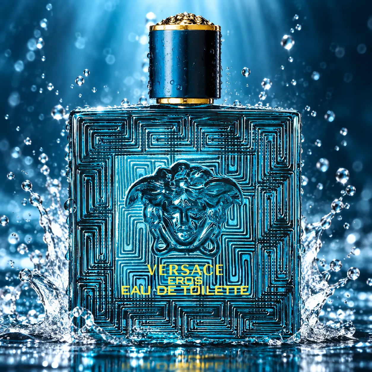 A perfume bottle with water droplets frozen mid-splash around the base
