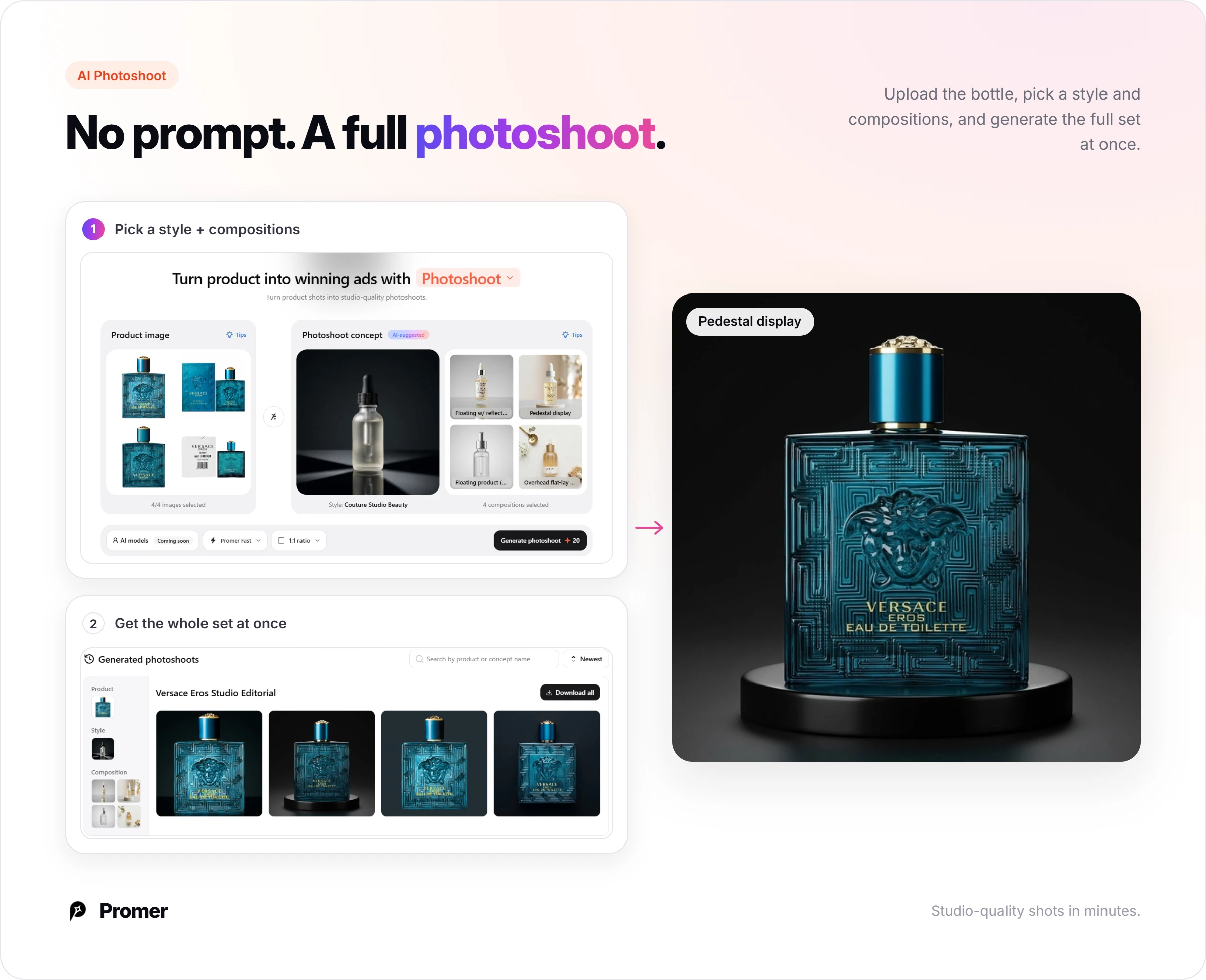 Promer AI's AI Photoshoot generating a full set of perfume bottle shots from one upload with no prompt written