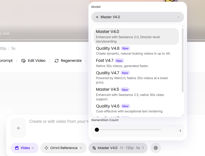Deevid video model list with Quality V4.0 at 480p and 5 seconds costing 5 credits