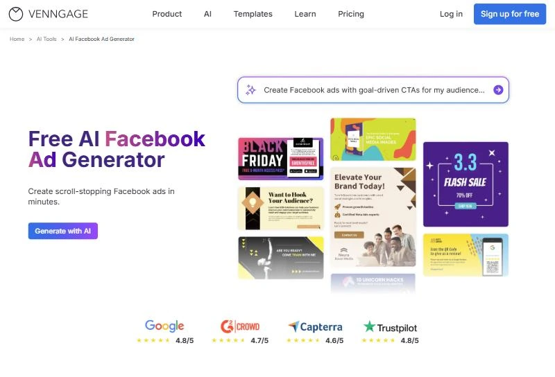 Venngage AI Facebook Ad Generator page with a prompt bar and sample ad templates