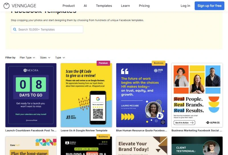Venngage Facebook template library with lead magnet ad and Black Friday sale templates