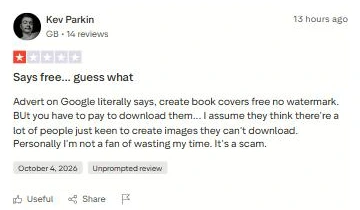 One-star Trustpilot review on paying to download a design made on the free plan