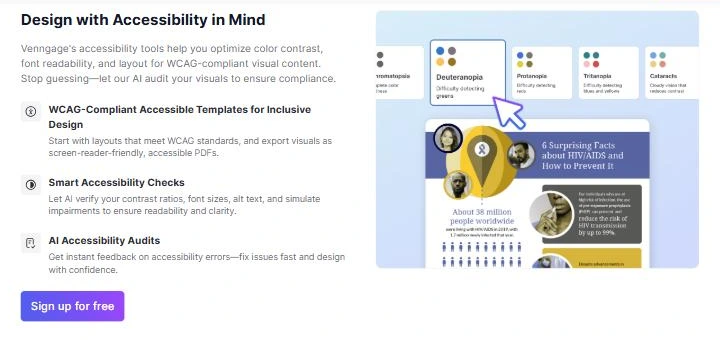 Venngage accessibility tools: contrast checker, alt text generator, accessible PDF export