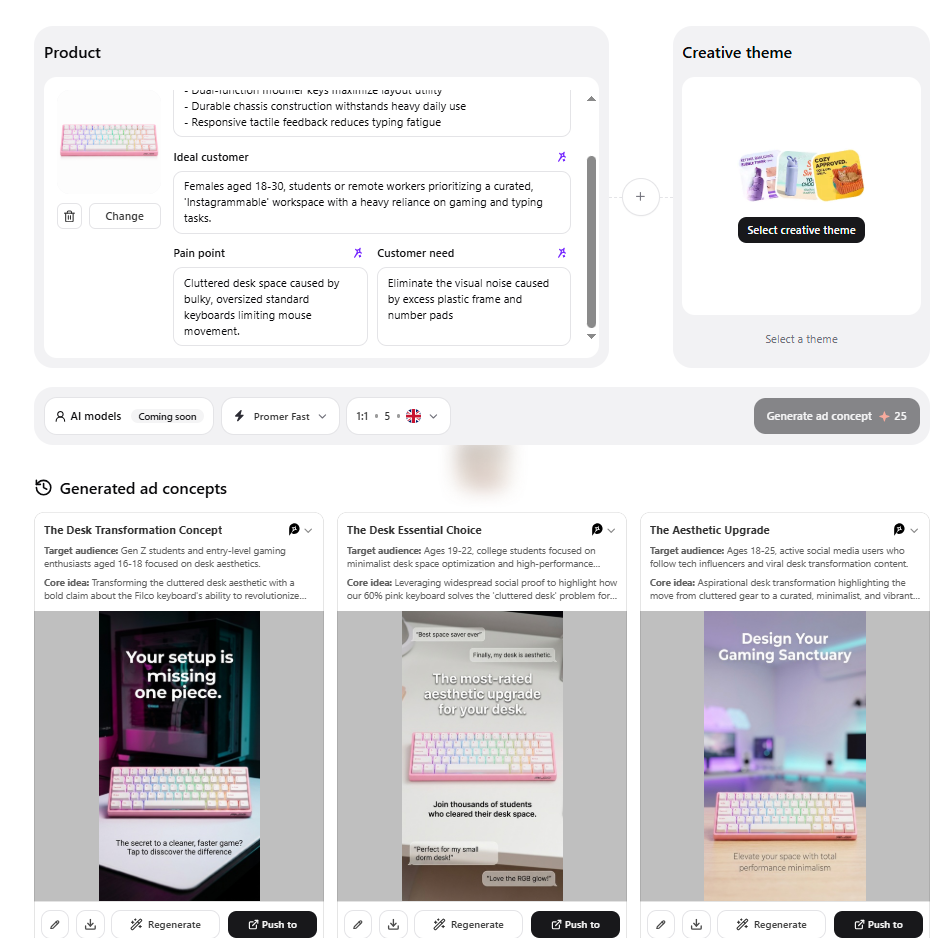 Promer AI AI Ad Concept screen with pain point analysis and 3 ad concepts for one product