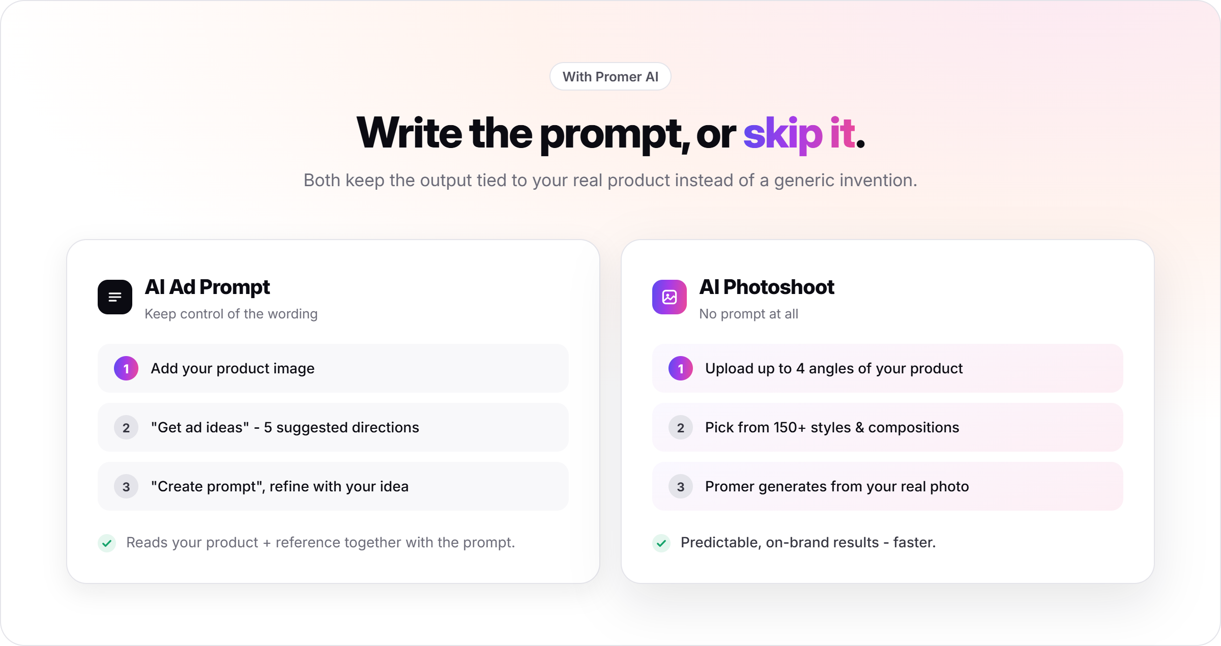 Two ways to skip manual prompt writing: AI Ad Prompt for prompt-level control, and AI Photoshoot's guided style picker